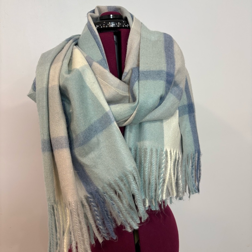 Pretty Persuasion Blue Plaid Fringe Throw Blanket - Blue and Cream 72” x 27”